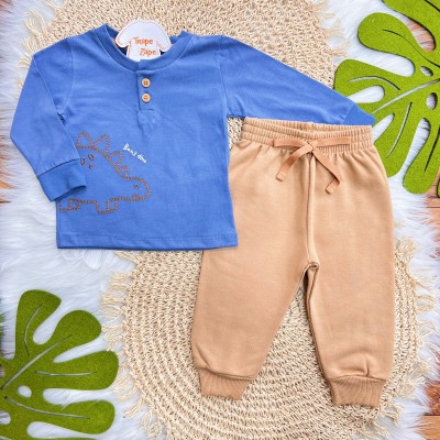 Conj. Blusa Manga Longa Baby Dino e Calça de Moletom - Azul Jeans e Areia